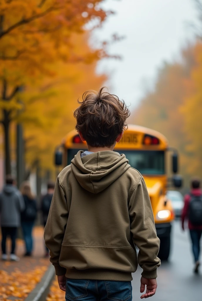 A middle school boy at a bus stop is facing away from his girlfriend who is getting on the bus, with a sad expression on his face.