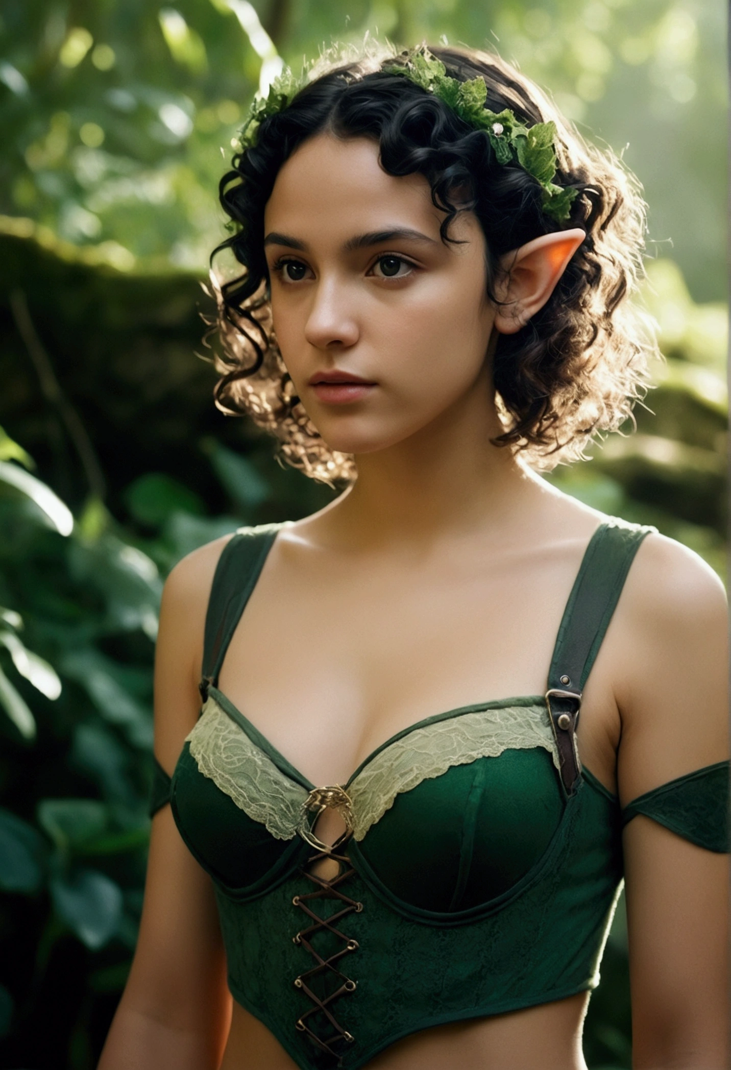 analog film photo, photo of an elven maiden, 18 years old, elf ears, curly brunette bob cut, Amazonian stature, toned hourglass figure, busty breasts, narrow waist, full wide hips, big plump buttocks, wearing a lacey bra and a lacey thong, resembles Adria Arjona, strolling along a fantasy landscape, RAW Photograph, dslr, soft lighting, high quality, film grain, Fujifilm XT3, detailed skin with visible pores, insane details, masterpiece, 8k, 35mm photograph, dslr, kodachrome, faded film, desaturated, grainy, vintage, Lomography, stained, highly detailed, found footage, close-up shot, elven ears