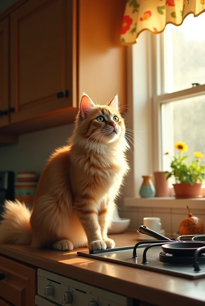 **Prompt for a Lovely Cat Begging for Food:**
"Imagine a sunny kitchen filled with the warm glow of morning light. In the center of the scene is a charming cat with soft, fluffy fur, its eyes wide and sparkling with a hint of mischief. The cat sits elegantly on the kitchen counter, its tail twitching slightly, as it gazes up at its owner with an expression that perfectly combines innocence and longing. The owner is busy preparing breakfast, but the cat's pleading look—complete with a soft meow and a gentle head tilt—communicates a clear message: 'Please, just a tiny morsel for your loving feline friend!' The atmosphere is filled with warmth and affection as the bond between human and cat becomes evident in this sweet moment of yearning."