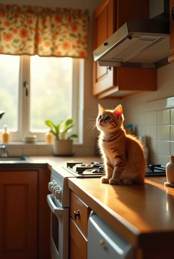 **Prompt for a Lovely Cat Begging for Food:**
"Imagine a sunny kitchen filled with the warm glow of morning light. In the center of the scene is a charming cat with soft, fluffy fur, its eyes wide and sparkling with a hint of mischief. The cat sits elegantly on the kitchen counter, its tail twitching slightly, as it gazes up at its owner with an expression that perfectly combines innocence and longing. The owner is busy preparing breakfast, but the cat's pleading look—complete with a soft meow and a gentle head tilt—communicates a clear message: 'Please, just a tiny morsel for your loving feline friend!' The atmosphere is filled with warmth and affection as the bond between human and cat becomes evident in this sweet moment of yearning."