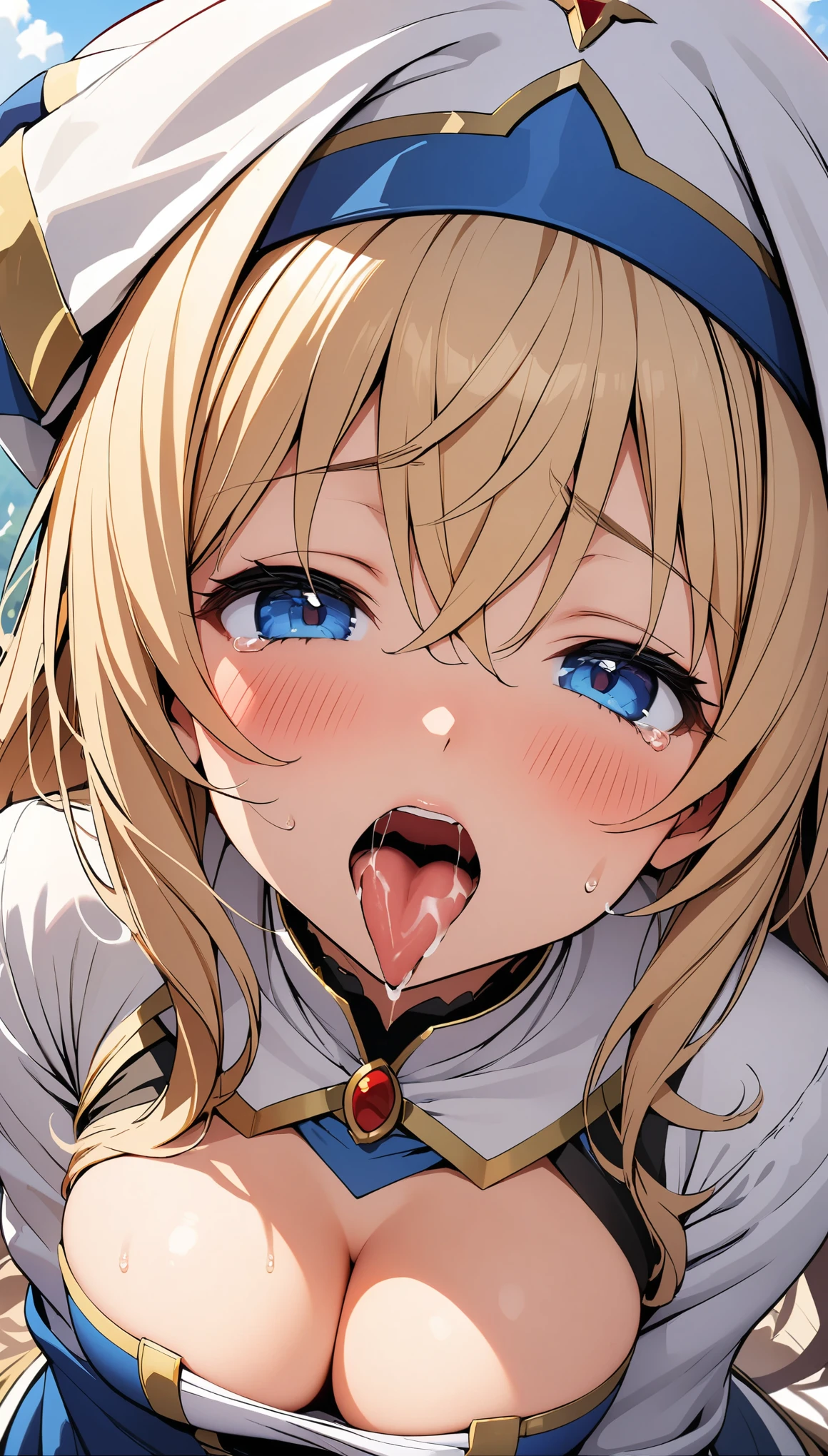 (1girl, Priestess \(goblin slayer!\), goblin slayer!), beautiful detailed eyes, Blue eyes, half-closed eyes,(tareme), (opened big mouth, licking, Sticky tongue), nsfw, (close-up mouth), (curvy, Slender),(cleavage), from above, Highest quality, Super detailed, masterpiece, Ultra-high resolution, 8k, Embarrassing, blush, Lovely, (With tears in my eyes), Sticky saliva