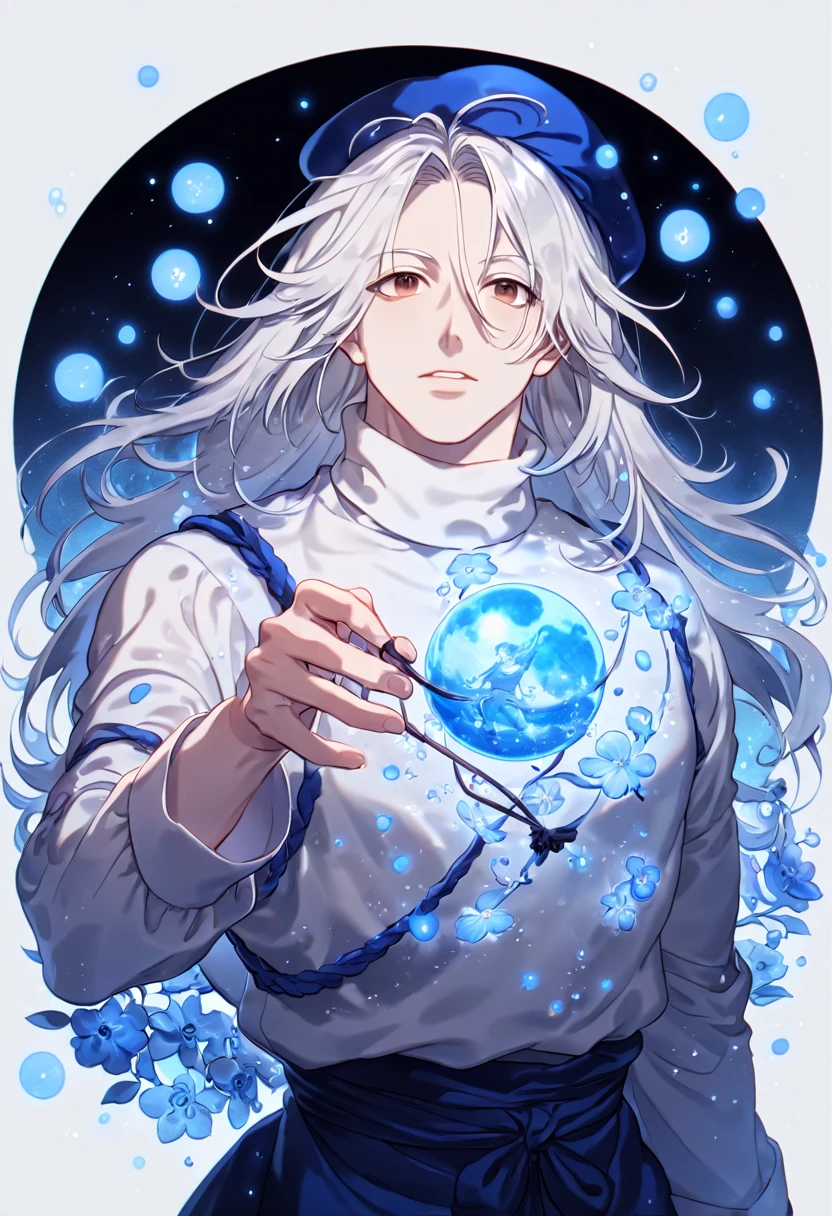 absurdres, highres, ultra detailed, HDR, master piece, Kite, white hair, long hair, without bangs, expressive brown eyes, blue beret, white turtleneck shirt, long sleeves, Hunter x Hunter, sexy man, best quality, blue moon, flowers, fantasy, magical, sensual, handsome, water, blue shining fireflies, blue petals, manly man, blue flames,