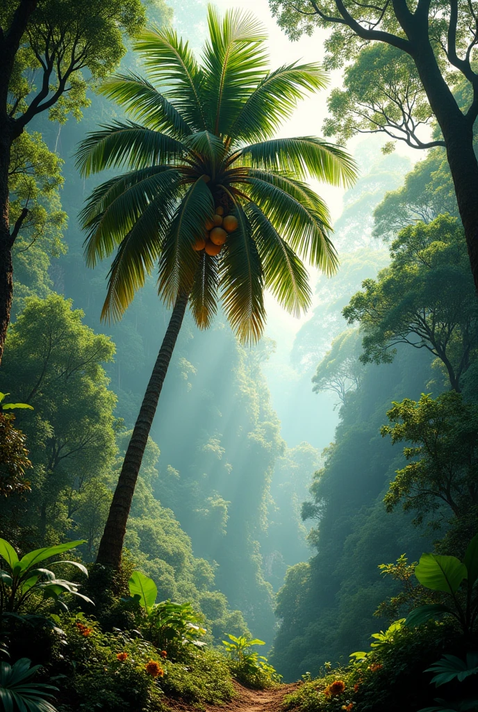 Borneo rainforest and coconut tree