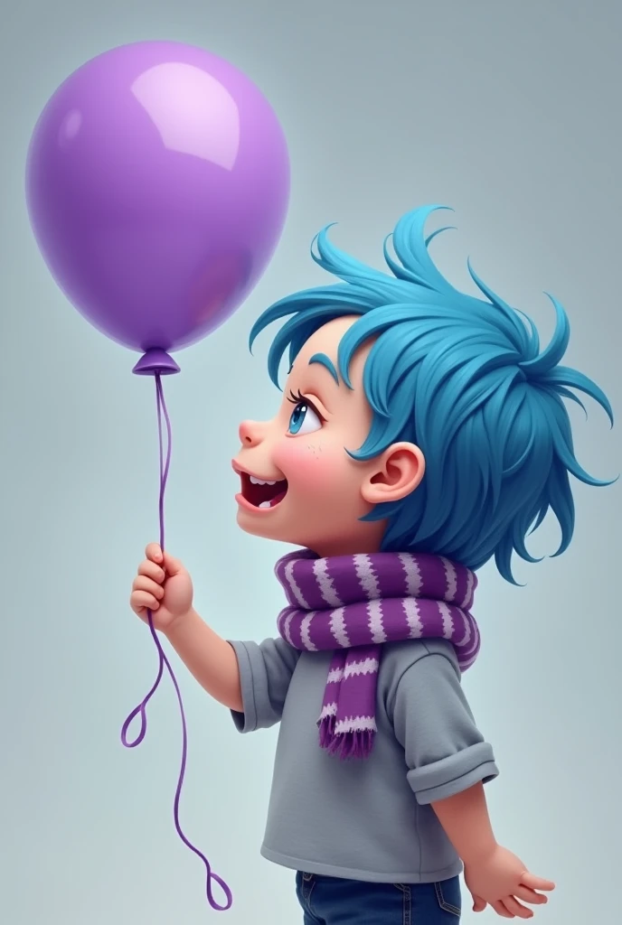 Can you make an image of a child with blue hair ,a purple and white scarf, with a purple balloon with a smile being held with the left hand and that it is in profile and the scarf covering the mouth and that it has no background