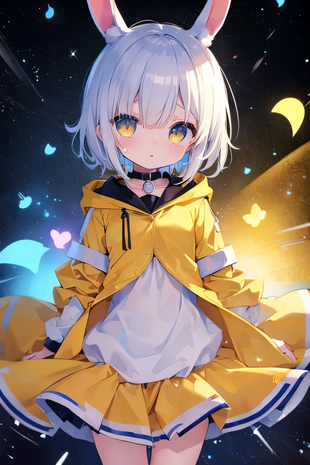 Yellow Raincoat、Bunny girl、Rabbit ears、Putting on a collar、Short white hair、Elementary school girl、Very beautiful and Shining Eyes、Shining Eyes、1 person、(((((Small body)))))、heart❤、((Sweat、vapor))