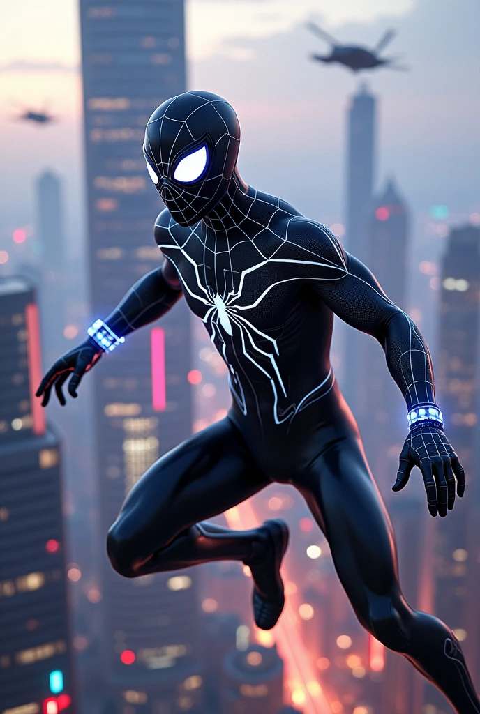 Create a Spider-Man costume that contains futuristic details. In the background of the image, place the character in a futuristic setting and