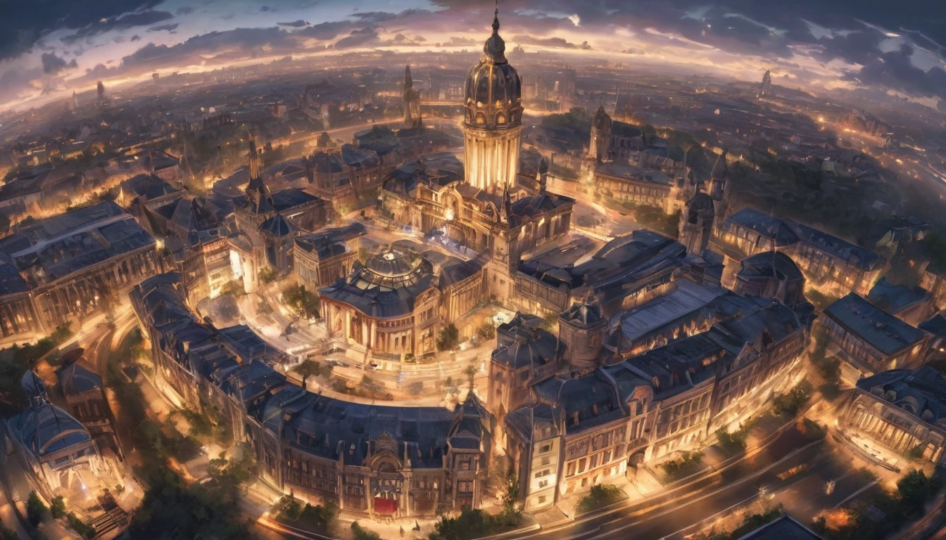 aerial view, epic scene, stage lighting, A Victorian-era town with a touch of fantasy scenery. Capitolio o palacio municipal.