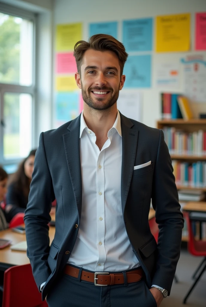 (absurdres, highres, ultra detailed), 1 male, adult, handsome, finely detailed eyes and detailed face, teacher, classroom, teacher outfit