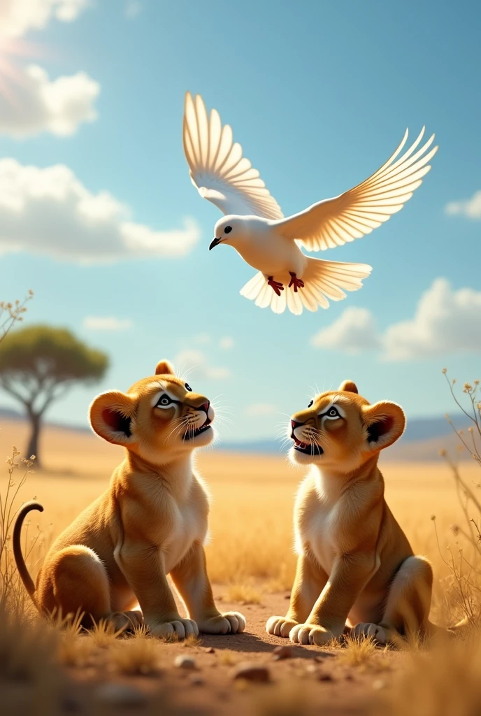 Two lion cubs and ther half-grown lioness looking at a white dove illuminated with sunbeams coming from its wings