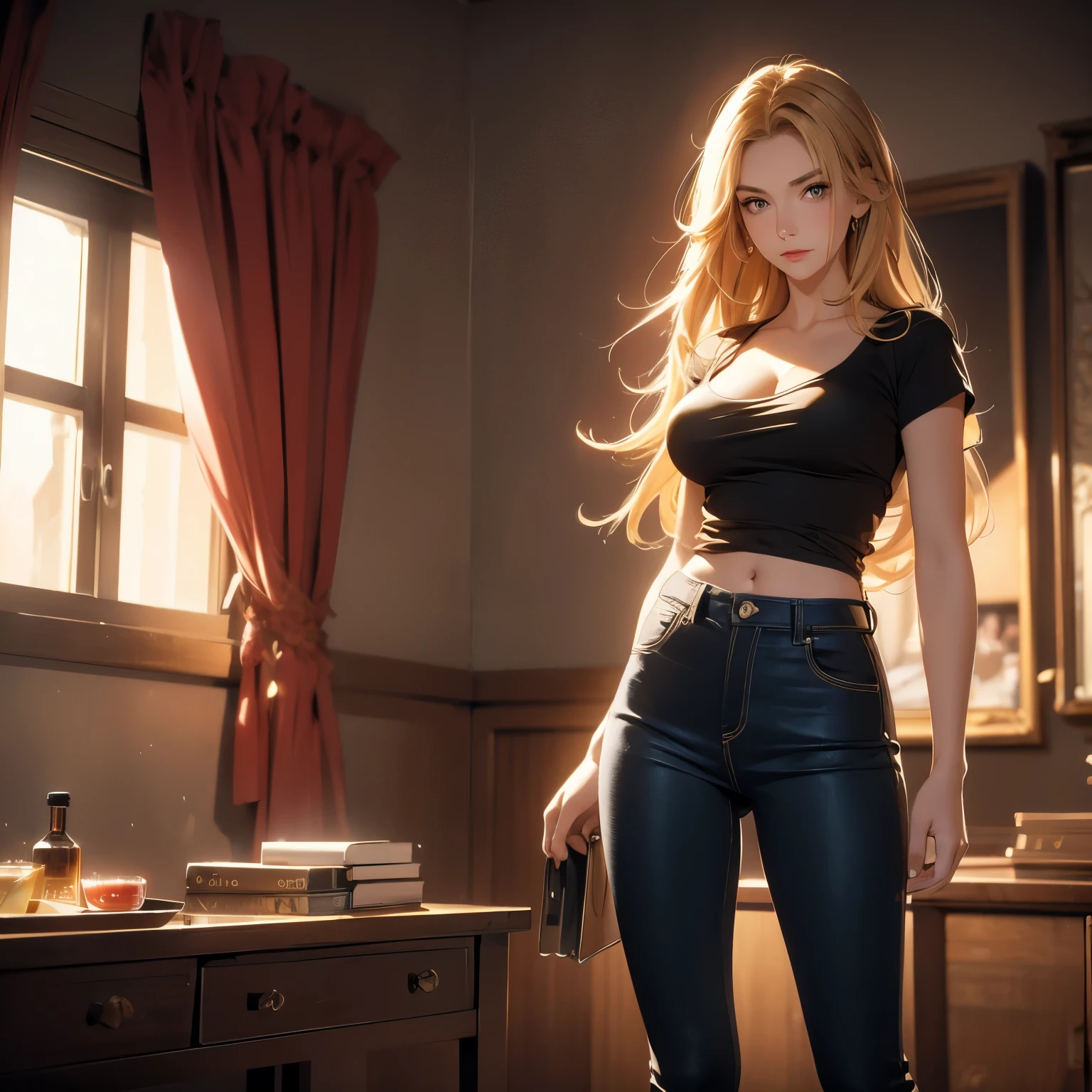 (masterpiece), (best quality), (High contrast), (Realistic), 1 girl, (beautiful), attractive blonde, neck length hair, brown hair, brown eyes, expressive eyes, detailed skin, (realistic skin texture: 1.0), (beautiful detailed face: 1.0), feminine focus, v-neck shirt, (black fitted shirt), big breasts, slim waist, slim hip, blue jeans, tight pants, slim legs, black sports shoes, standing, room, wardrobe, window,