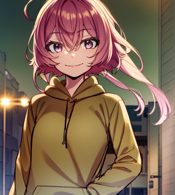 ((long hair)), ((hair over one eye)), ((curvy body)), ((light purple hair)), ((pink eyes), ((cheerful expression)), ((dark skin)), ((street clothing)), ((hoodie)), ((complementary colors)), ((mature female)), 1girl, beautifully drawn, high resolution illustration, best quality, High definition, ((detailed anime sketch)), Masterpiece, (solo), absurdres, portrait, ((upper body)), detailed background, fine detail, female focus, HDR,
