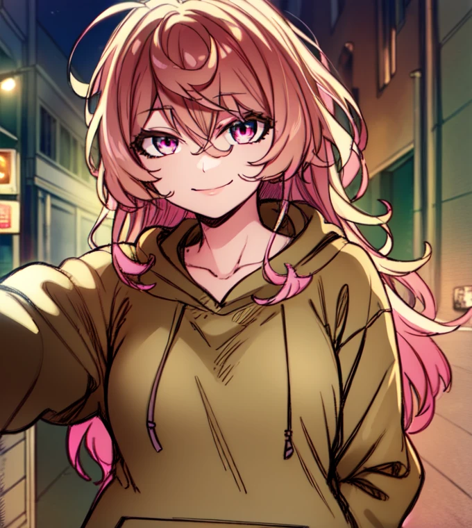 ((long hair)), ((hair over one eye)), ((curvy body)), ((light purple hair)), ((pink eyes), ((cheerful expression)), ((dark skin)), ((street clothing)), ((hoodie)), ((complementary colors)), ((mature female)), 1girl, beautifully drawn, high resolution illustration, best quality, High definition, ((detailed anime sketch)), Masterpiece, (solo), absurdres, portrait, ((upper body)), detailed background, fine detail, female focus, HDR,