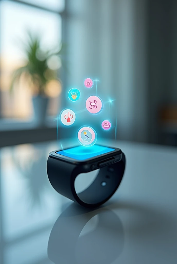 Make a nutritional smartwatch with a mini hologram that shows 5 apps with exercise functions, help, pest control, allergy alerts and diet creation with light background  the black watch and the light blue transparent hologram more technological and square  the apps can be colorful
The watch halfway