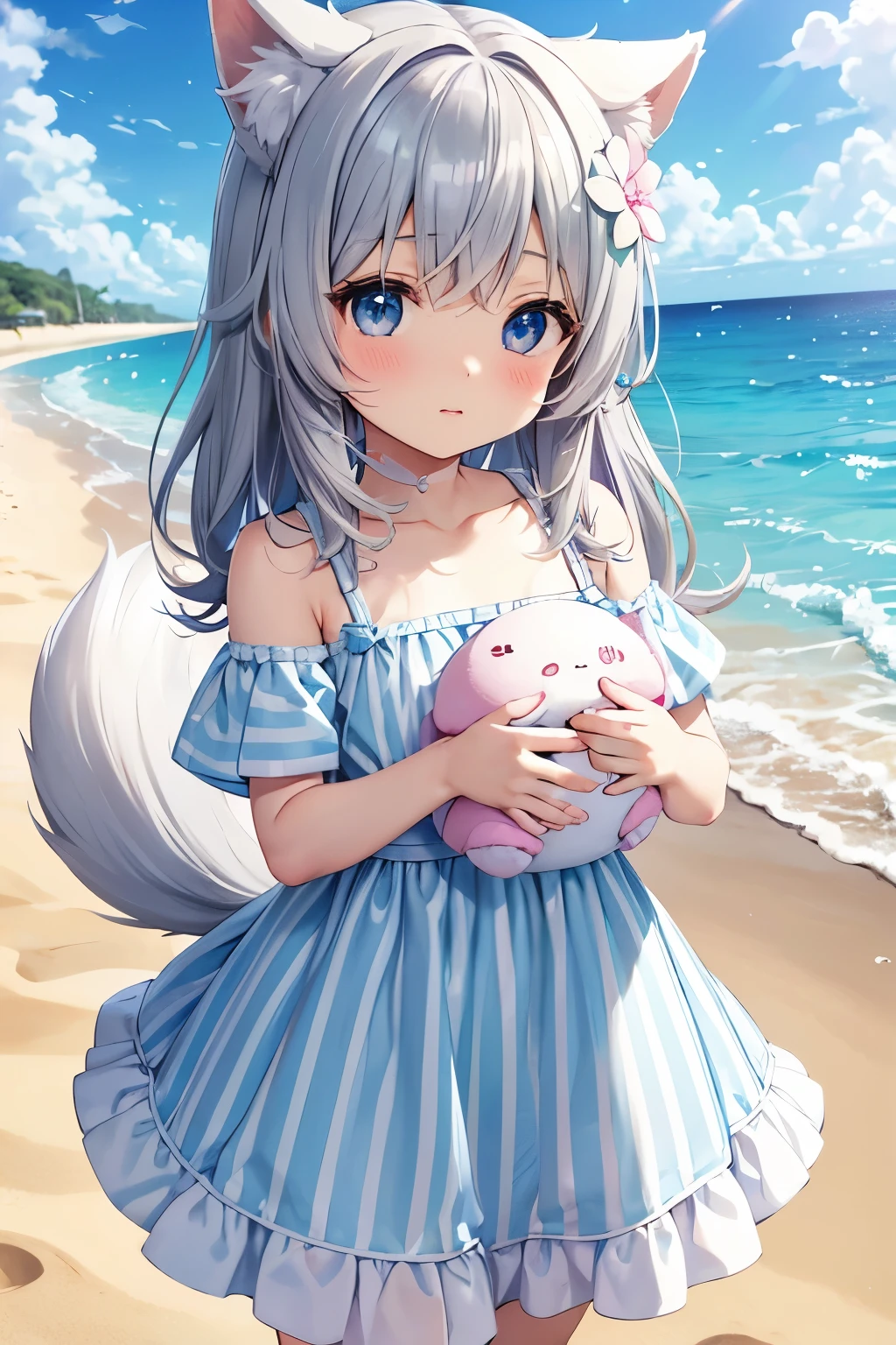 anime、pastel、、child short、Gray Hair、long、Flower Hair Ornaments、Dog ears、Fluffy tail、Big, cute eyes、With an odd eye of azure blue、Cheeky cheeks、Slender body、She is wearing a white and light blue striped dress.、they seem to have come to the beach to play, carrying a white bag.