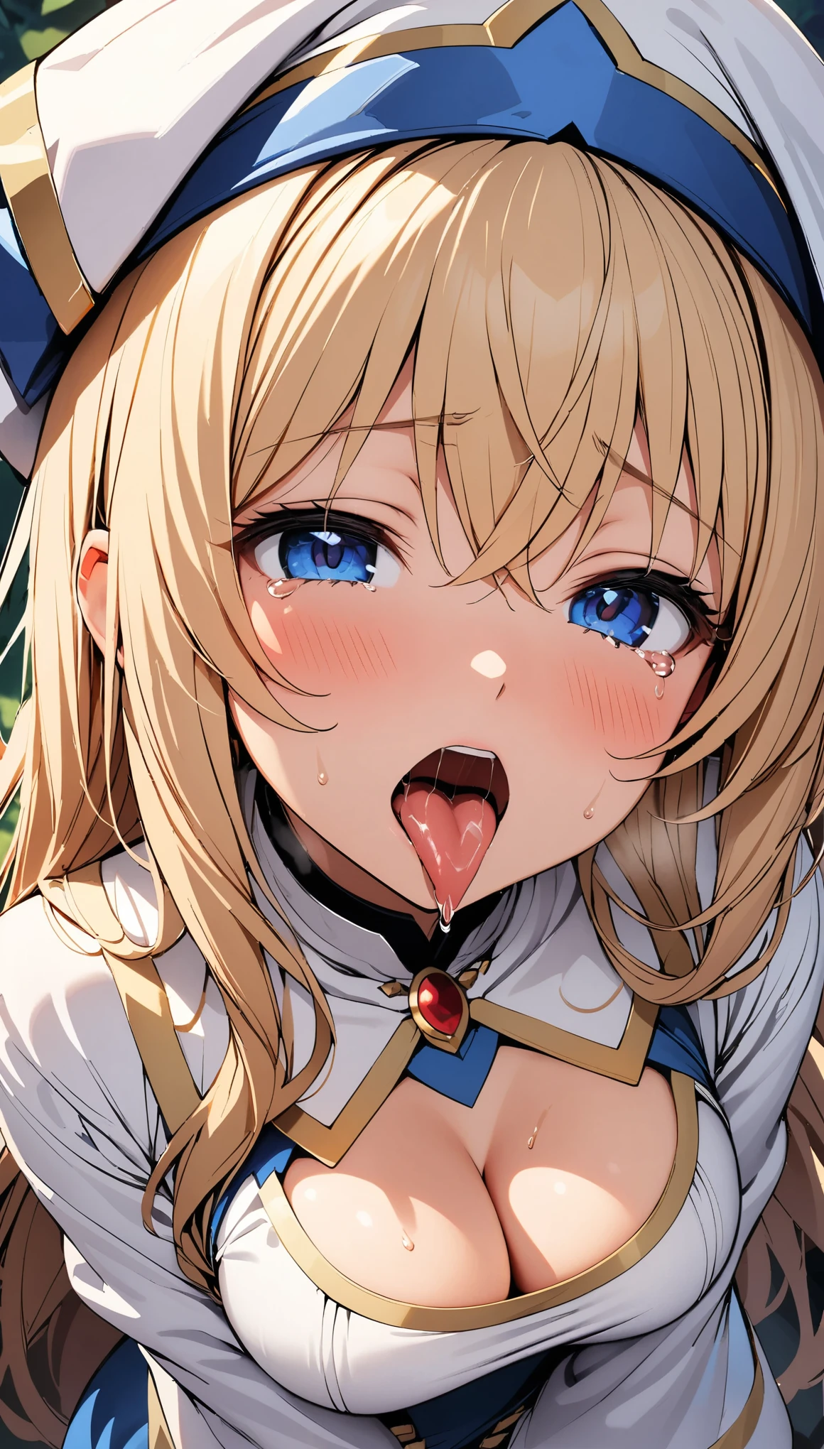 (1girl, Priestess \(goblin slayer!\), goblin slayer!), beautiful detailed eyes, Blue eyes, half-closed eyes, (opened big mouth, licking, Sticky tongue), nsfw, (close-up mouth), (curvy, Slender),(cleavage), from above, Highest quality, Super detailed, masterpiece, Ultra-high resolution, 8k, Embarrassing, blush, Lovely, (With tears in my eyes), Sticky saliva