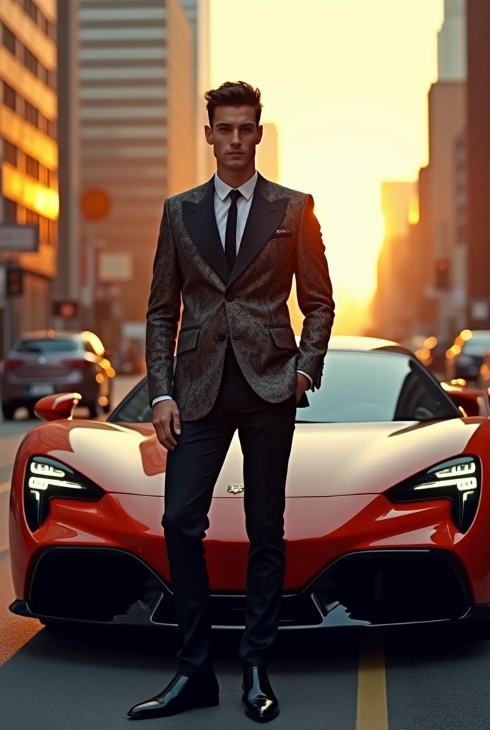 22-year-old boy with luxury clothes and a realistic car