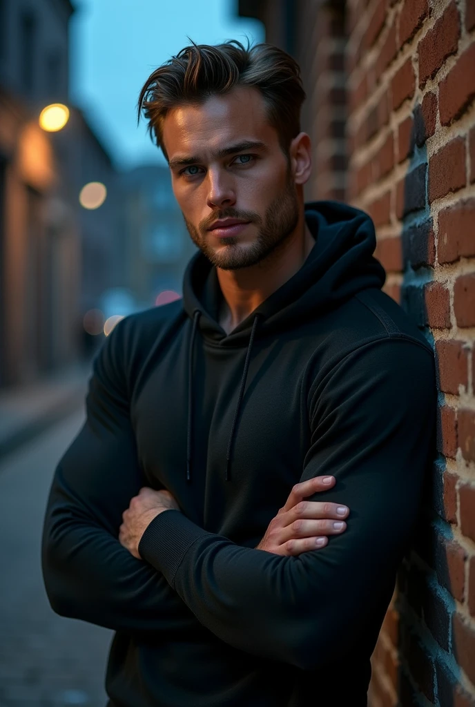 Handsome europe man with huge muscles, unreal blue eyes, pale skin, dark black hair, huge veins, black hoodie.