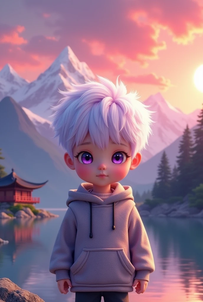 A Boy, high cold, white purple gradient short hair, mountains, lake, sunset, snow, Chinese cabin, movie lighting, brilliant light purple eyes, facing the camera, high resolution, delicate facial features, front lighting, 3D, 8K, extremely delicate illustrations, intricate and detailed details, extremely high quality