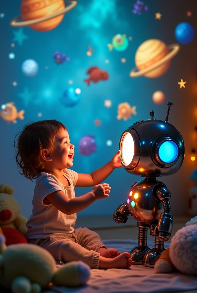Now make an image of a happy Child playing with his robot-shaped projector that projects planets, animals, y los peces y los animals de mar 