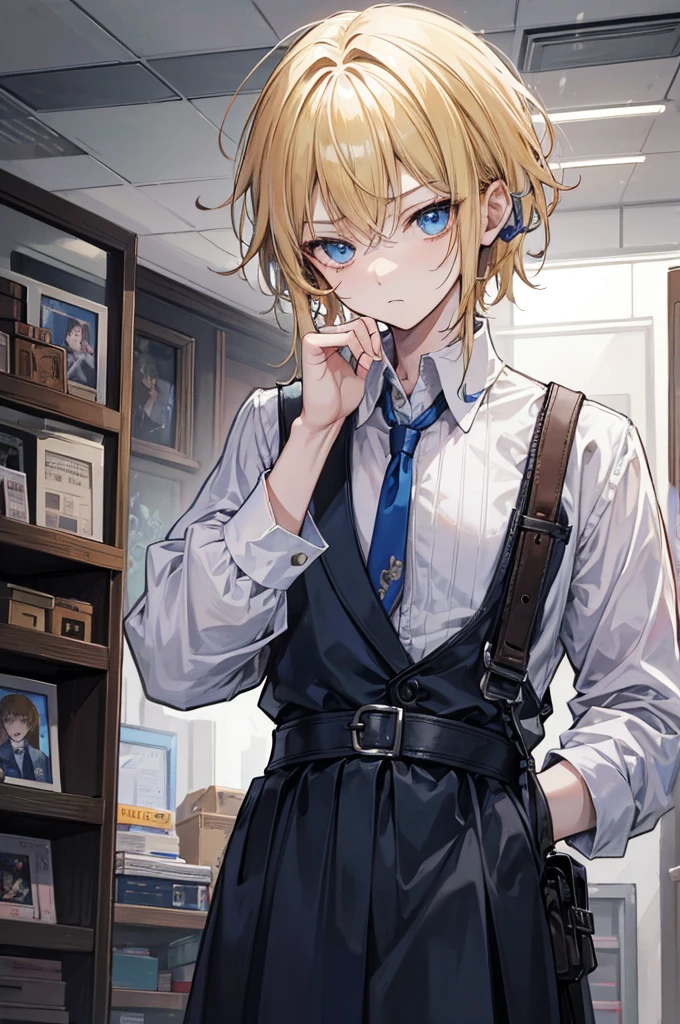 초상화, Face_through_torso, steampunk, A young boy with messy blond hair and blue eyes, lacking highlights. He has a bandage on his face and is wearing work clothes. He is carrying multiple bags, giving the impression of being burdened. He has a constantly anxious and suspicious expression, reflecting his sneaky and distrustful personality.