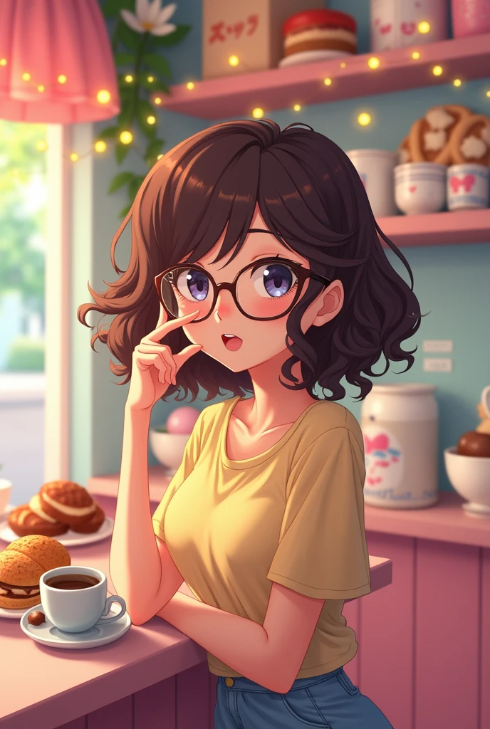 An cutecore brunette, with curly hair and glasses anime hot woman