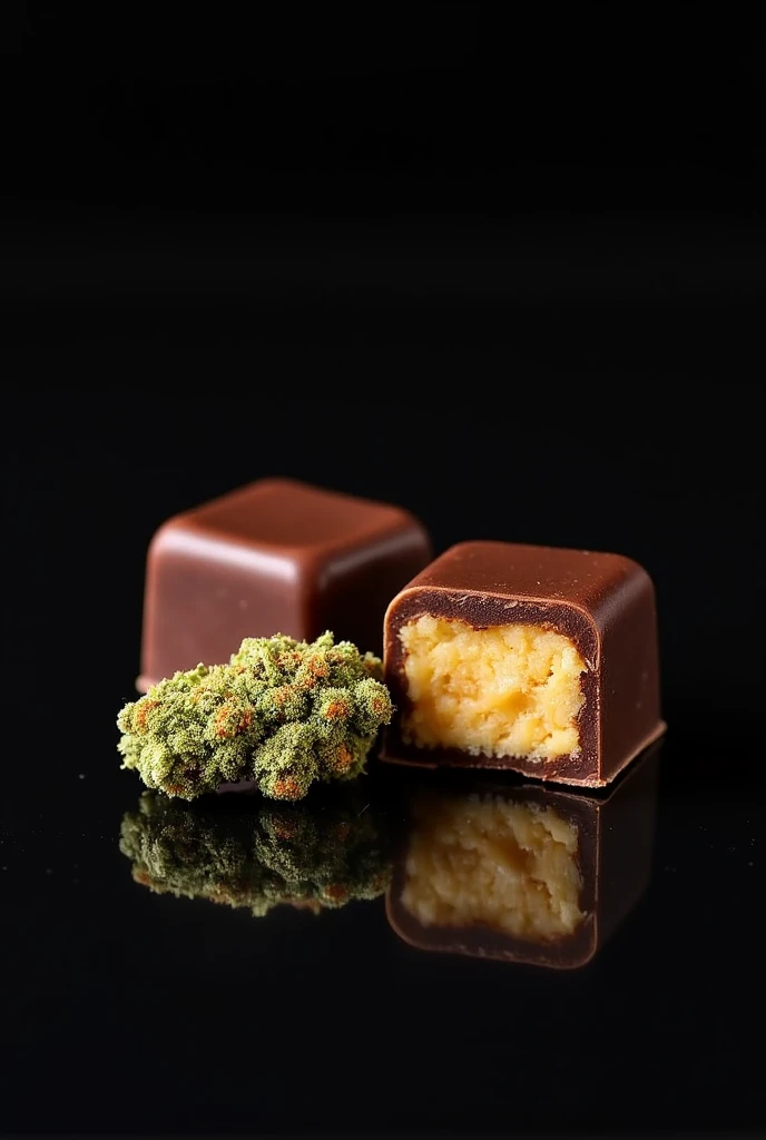 Two square Brawnis with arequipe filling in the middle of each one and next to it a cannabis flower, the background should be a dark one, so that it looks like a photograph.