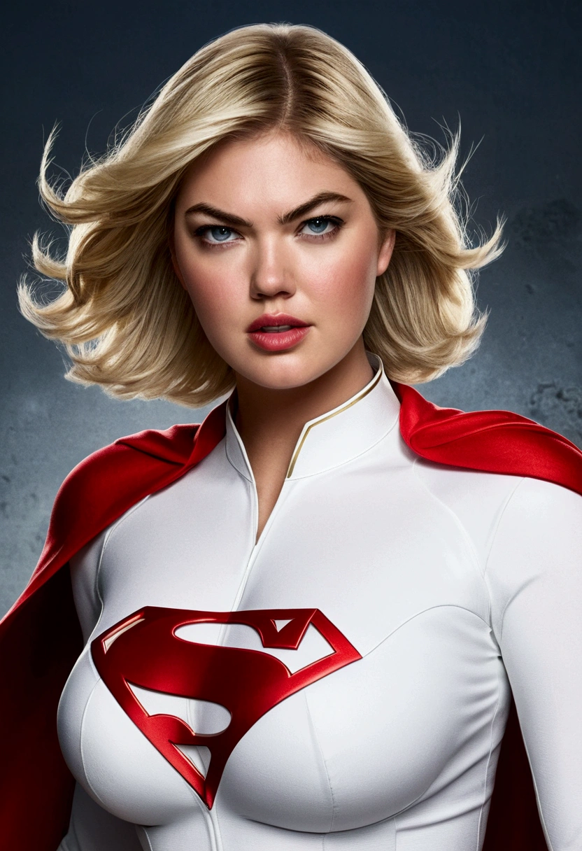 Kate Upton as Power Girl (DC), short blonde hair, white uniform, red cape.