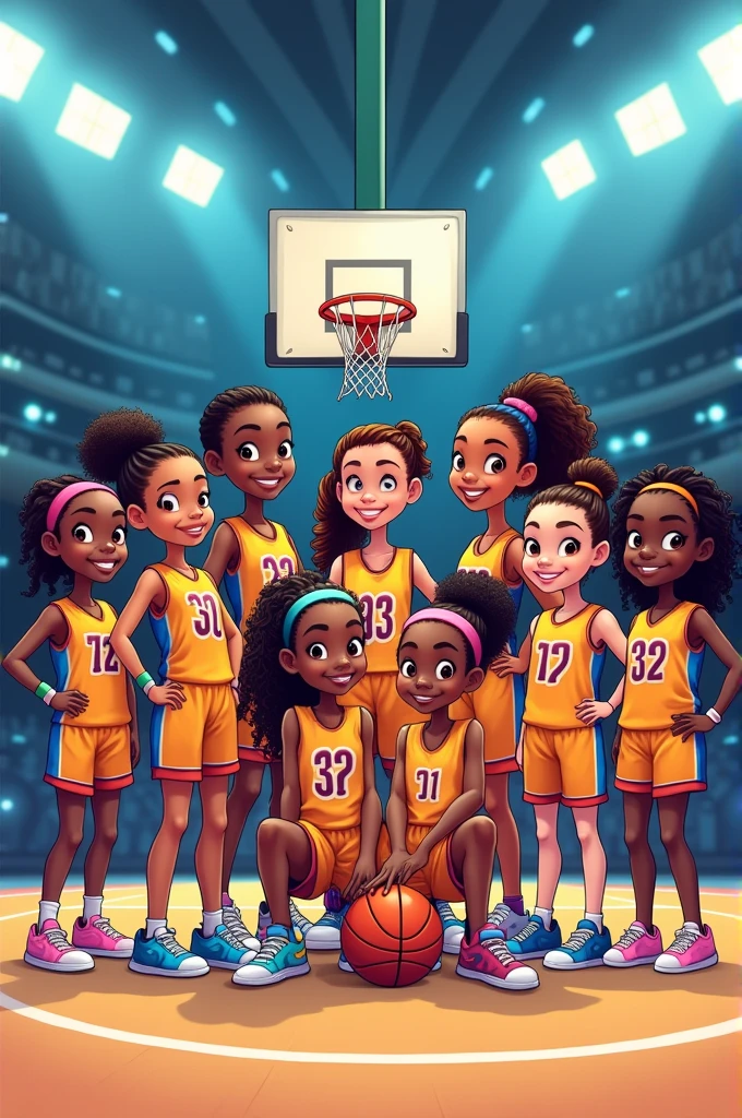 Nine girls in basketball team picture, cartoon characters. Nine individuals
