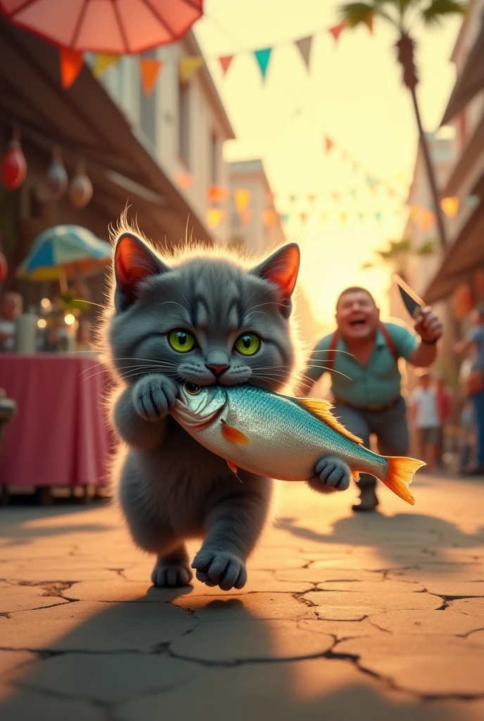Un petit chat avec un poisson dans la bouche et un marchant gros et laid court derrière lui pour lui rattrapé avec un couteau