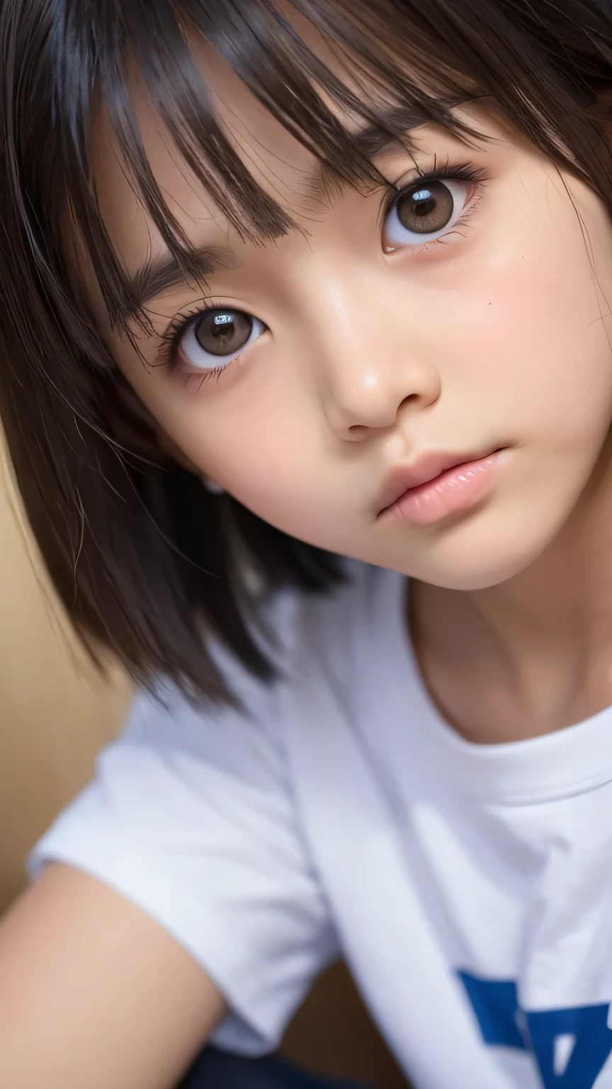 Highest quality、Realistic、、zoom、Primary school students、Girl、look up、cute、Light grey eyes、Black Hair、Short Hair、boyish、Tanned brown skin、Dark Skin、Light Blue T-Shirt、Glare、Pouty face、Face close-up、thin