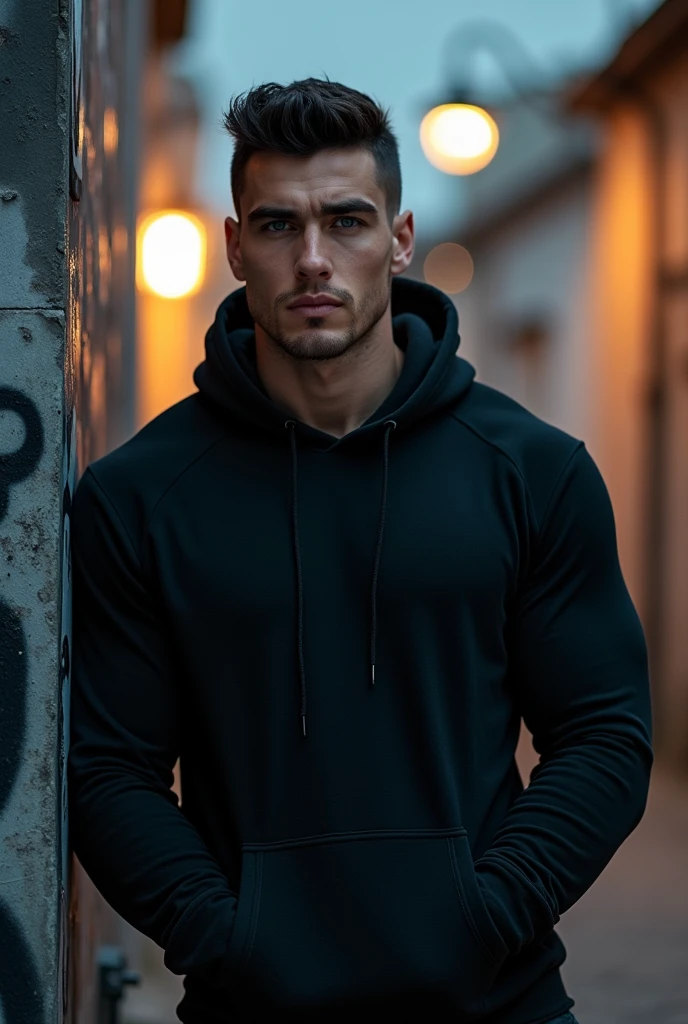Handsome europe man with huge muscles, unreal blue eyes, pale skin, dark black hair, huge veins, black hoodie.
