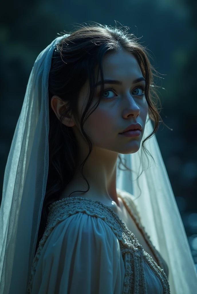 Photorealism、nightsky!!!!!! background, (dark lighting!!!!!!), Highest quality、Ultra-high resolution、The most beautiful lord of the rings arwen、very beautiful!!!!!!! face details、small Breasts、thin、、Translucent white skin、Big bright blue eyes、dark hair、(frontal shot!!!!!), (head turned to the side!!!!!), (she is looking up!!!!), (body half in shadow!!!!!!), ( beautiful detailed elf gown!!!!!), (beautiful detailed veil!!!!!!)