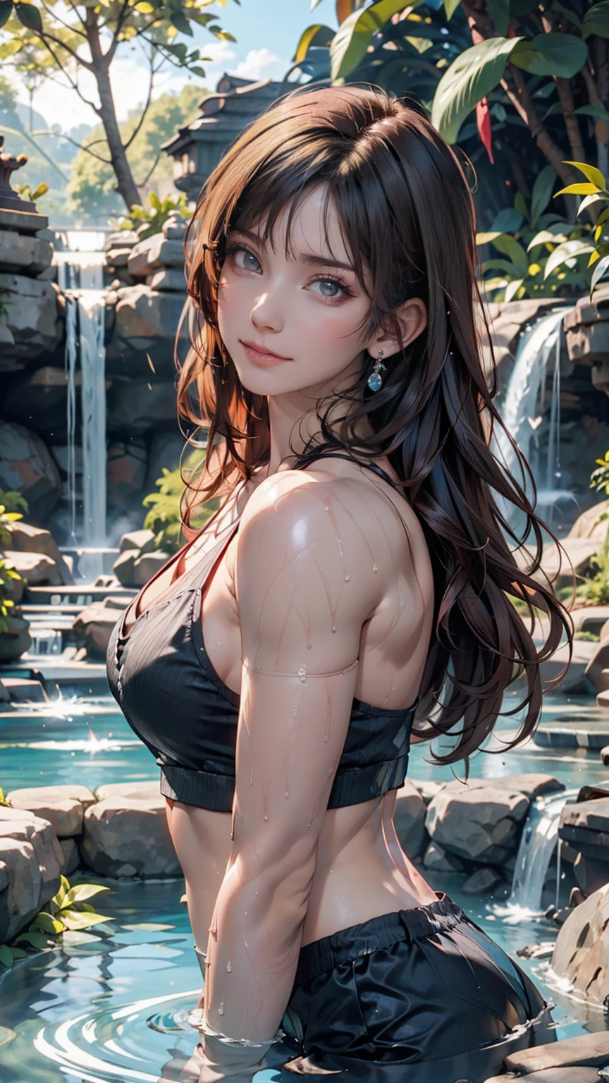 Very beautiful girl happily bathing near a clear and cool waterfall。Pink Skin、blue eyes、Black Hair、Detailed face、Detailed body、realistic model、highly detailed natural landscape、CGI 8K resolution