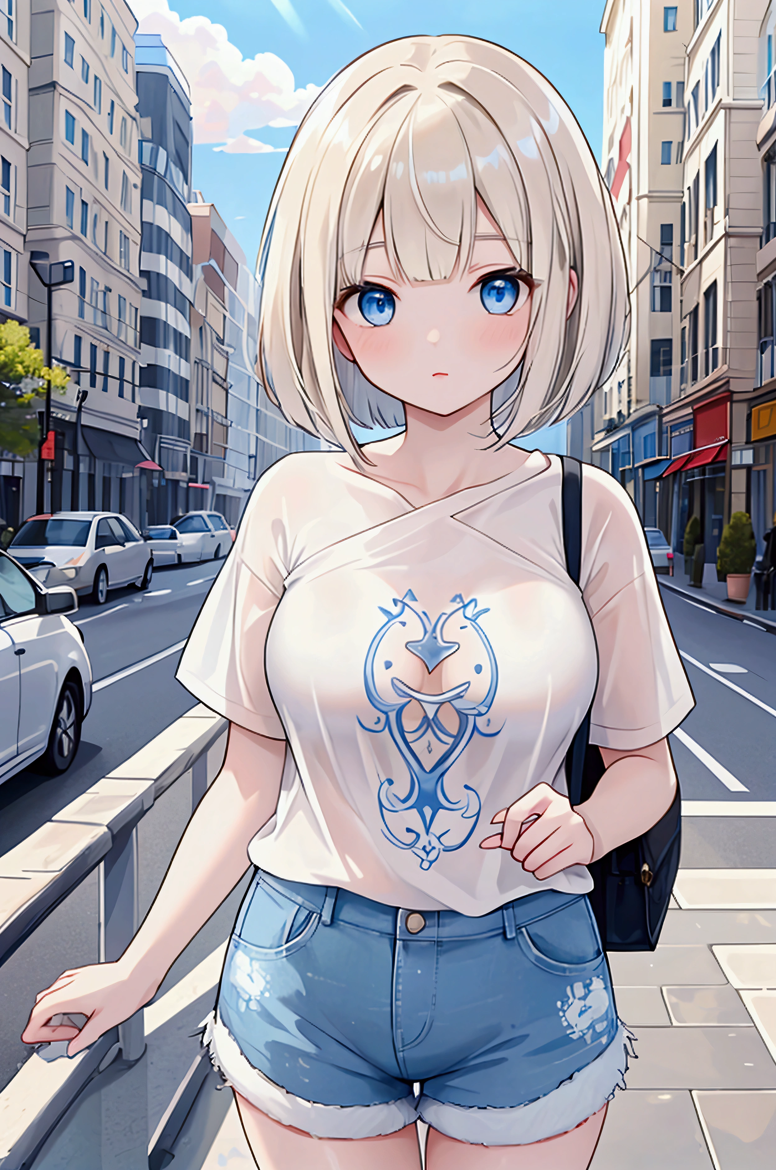 Photorealistic、Highest quality、Highest Resolution、Highest quality、16K、One beautiful woman、Cute face、Delicate face、Bob cut hair、Light Hair Color、Pale blue eyes、Delicate eyes、Beautiful breasts、Big Breasts、Cool clothes、T-Shirts、Shorts、Blue sky、In the city、Sexy pose、