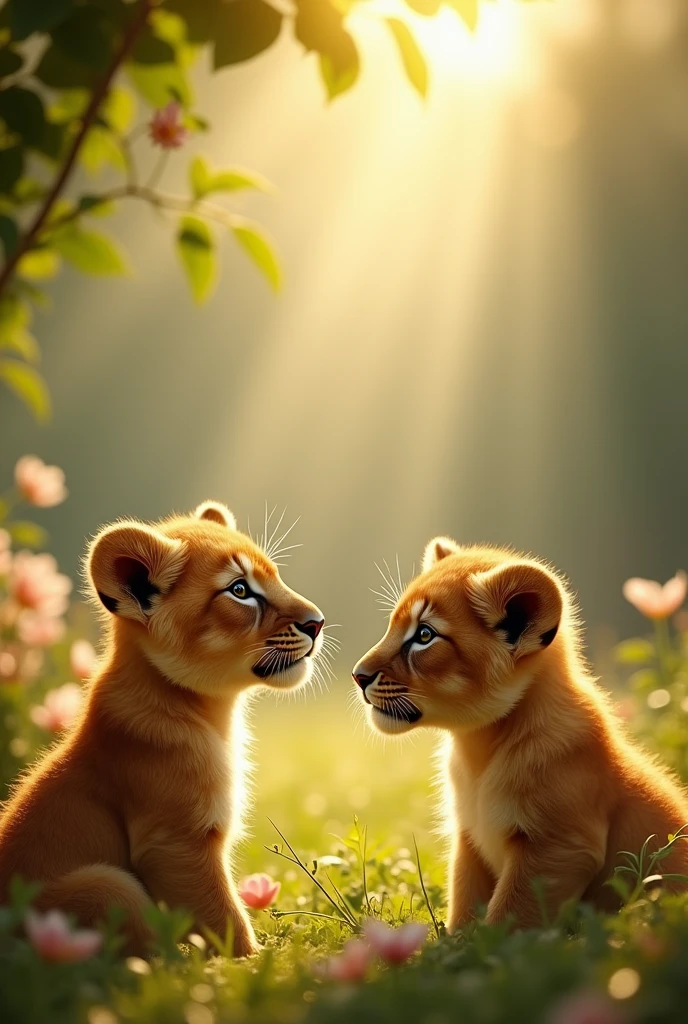 Two lion cubs looking at the Holy Family 