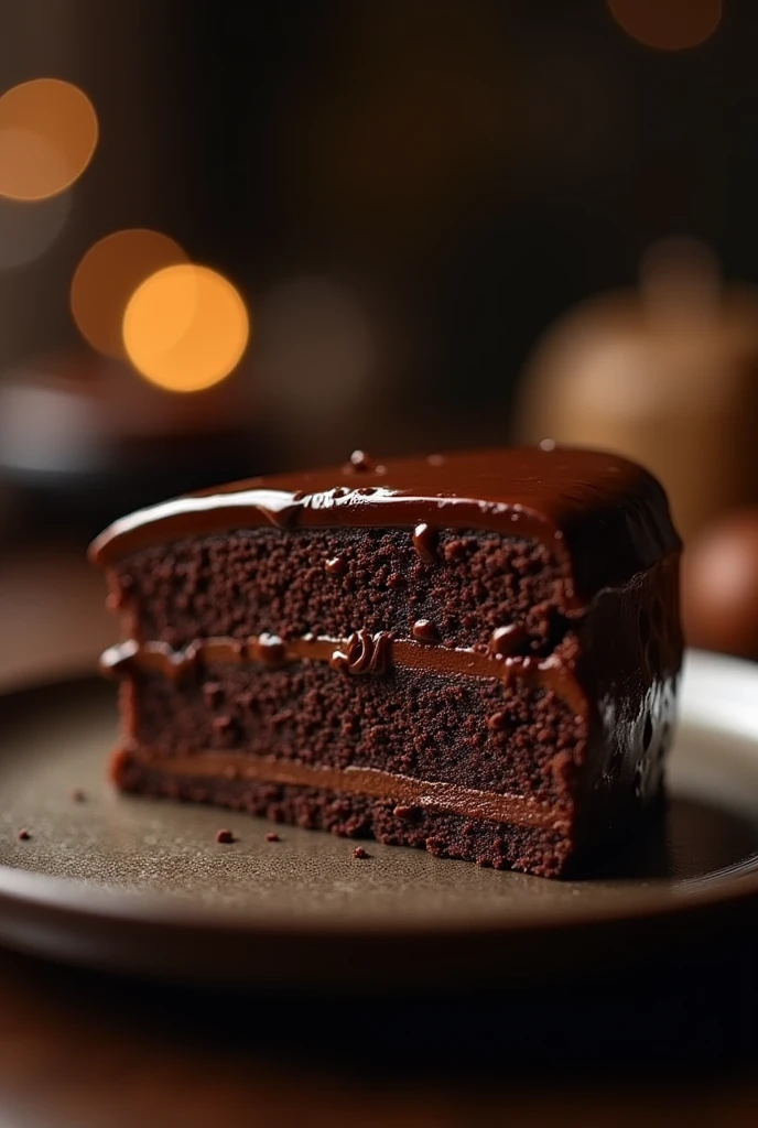 Chocolate cinematic movie scene, bolo de chocolate, darkness background, quality photo, Wet texture, penthouse, studio photo, slice. shallow depth of field, vignettes, highly detailed, high budget, bokeh, cinemascope, temperamental, epic, comely, film grain, grainy.