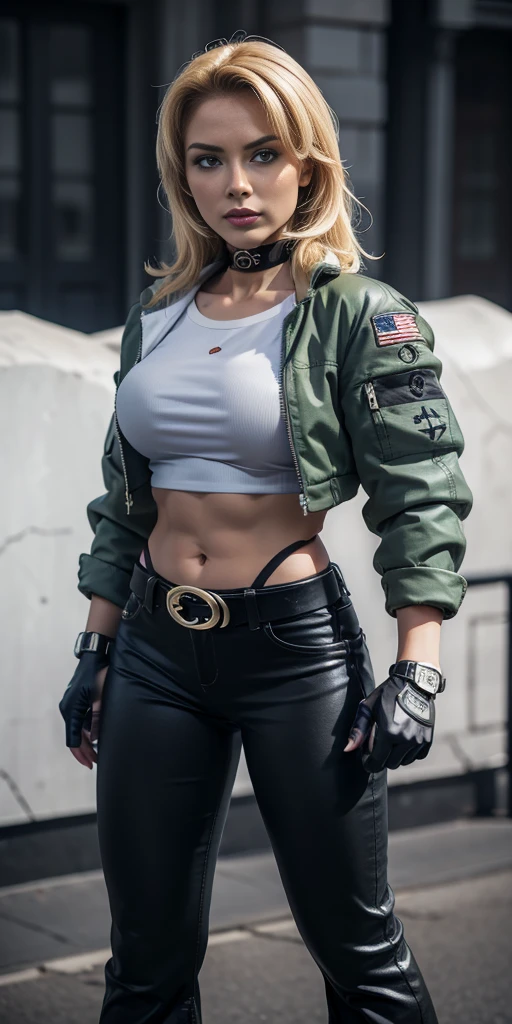 8k, masterpiece, best quality, ultra-detailed, sonyablade, 1girl, solo, long hair, blonde hair, cute blue eyes, breasts, choker, crop top, cropped green jacket, black fingerless gloves, full body, highleg panties, jacket, combat boots, lipstick, makeup, (abs:0.3), midriff, navel, black pants(Wide flares on pants:1.2),
