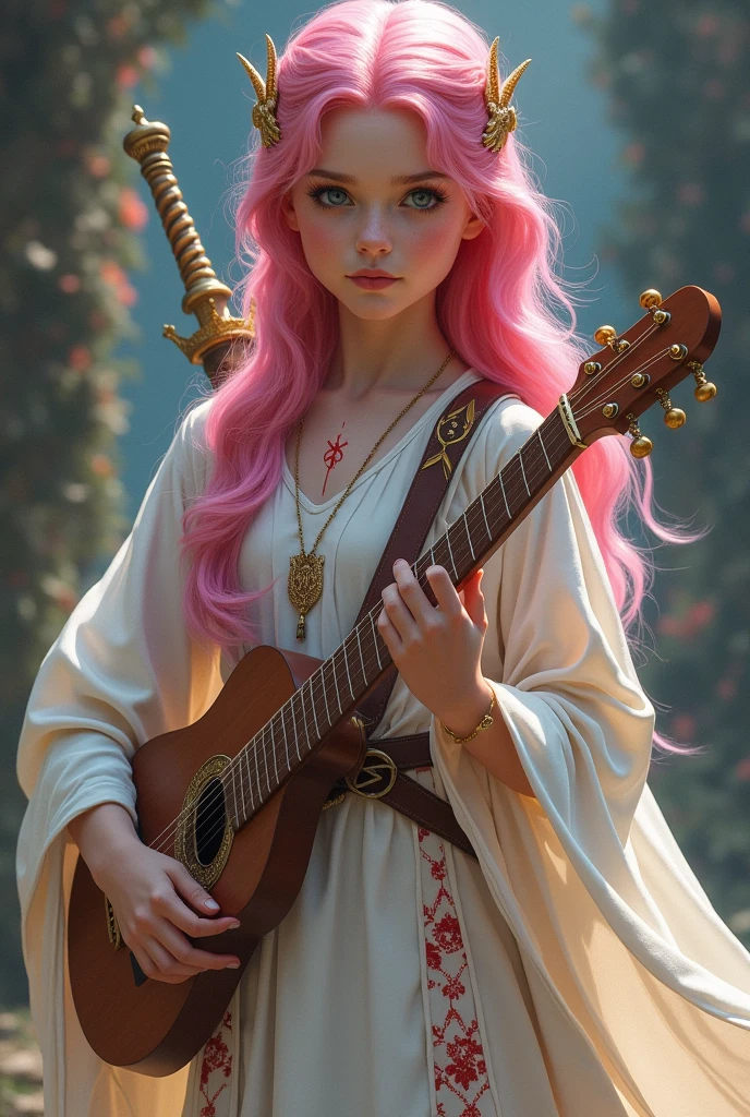 A very beautiful and young girl, Her hair is extremely pink and she has two blue streaks, Your skin is white and delicate, and it has red magical symbols on your shoulders and neck that are like tattoos., Her clothes are very elegant and chic, demonstrating wealth, She is the daughter of a fairy and carries with her her lute and two beautiful delicate swords. She is a bard and loves music., She's always with her mandolin in hand and her beautiful swords on her back.