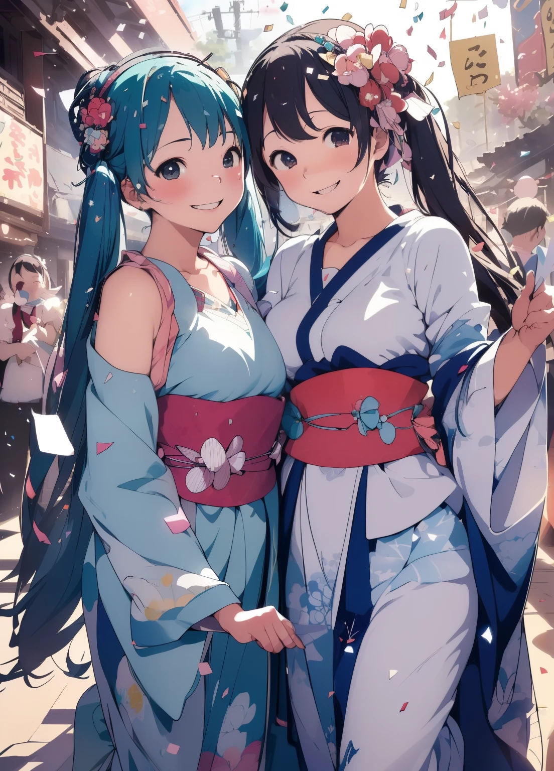 (masterpiece、Highest quality、Highest quality、Official Art、Beautiful and beautiful:1.2)、(One person:1.3)Hatsune Miku、Twin tails,Beautiful breasts, Katsushika Hokusai,(cute:1.3),(smile:1.3),(smile:1.25),(A bright and cheerful atmosphere、Confetti and spotlights shining:1.35),(Face close-up:1.25),