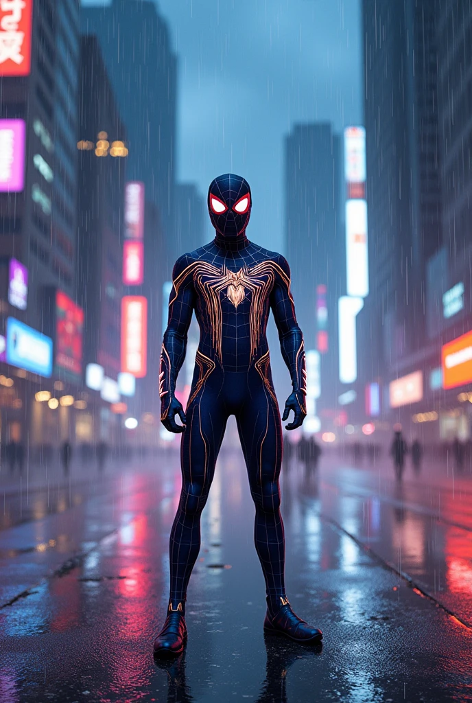 Create a Spider-Man costume that contains futuristic details. In the background of the image, place the character in a futuristic, rainy setting.