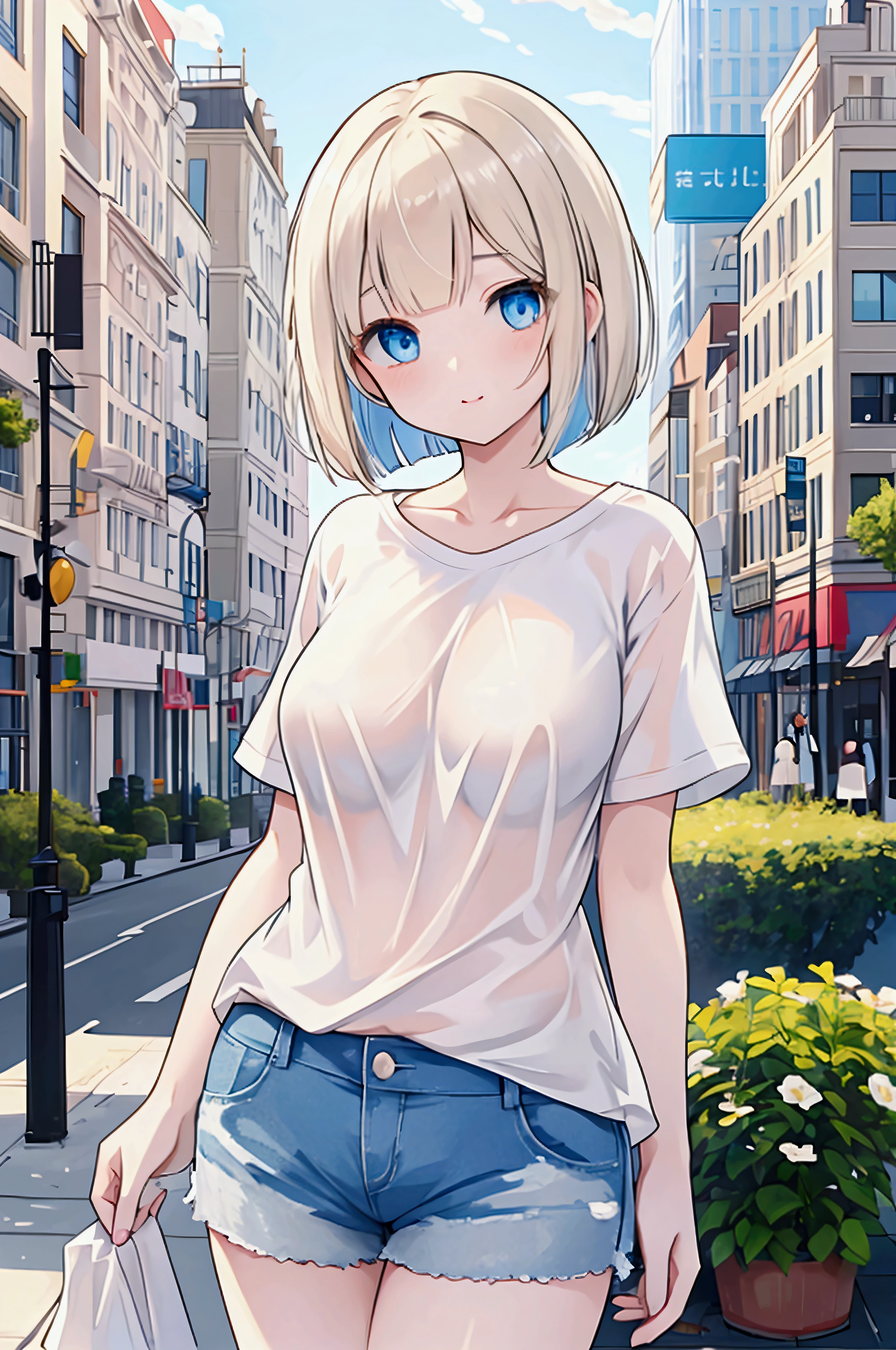 Photorealistic、Highest quality、Highest Resolution、Highest quality、16K、One beautiful woman、Cute face、Delicate face、Bob cut hair、Light Hair Color、Pale blue eyes、Delicate eyes、Beautiful breasts、Big Breasts、Cool clothes、T-Shirts、Shorts、Blue sky、In the city、Sexy pose、