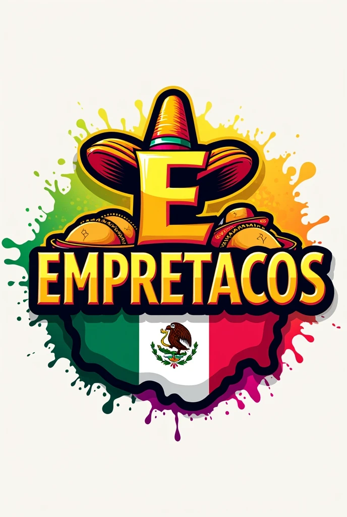 Create a logo for a restaurant that offers Colombian and Mexican food, the restaurant is called EMPRETACOS and the leading product is tacos, I also want you to put a Mexican hat on the first letter E and the Colombian hat on the last letter S in the logo The colors I want you to use are green, The yellow, orange and fuchsia and the logo letters in gold. I also want you to put the Colombian and Mexican flags in the background behind the restaurant name and each flag occupies half respectively