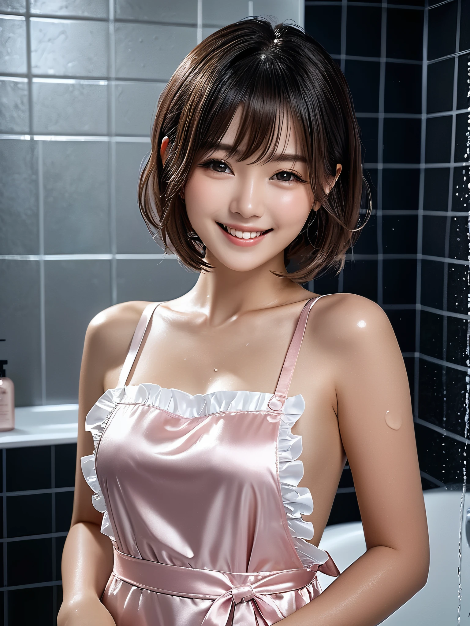 product quality, 1girl, full body shot, front view, a Japanese young pretty girl, shoulder length bob hair, wearing only a silky satin light pink apron with white frills over her naked body with a big smile, taking a shower in a luxury shower room, glamorous figure, wet hair, wet body, busty, hyper cute face, glossy lips, double eyelids in both eyes, natural makeup, long eyelashes, shiny smooth light brown hair, asymmetrical bangs, fair skin, central image, high resolution, high detail, detailed hairstyle, detailed face, cinematic lighting, octane rendering, vibrant, hyper realistic, perfect limbs, perfect anatomy