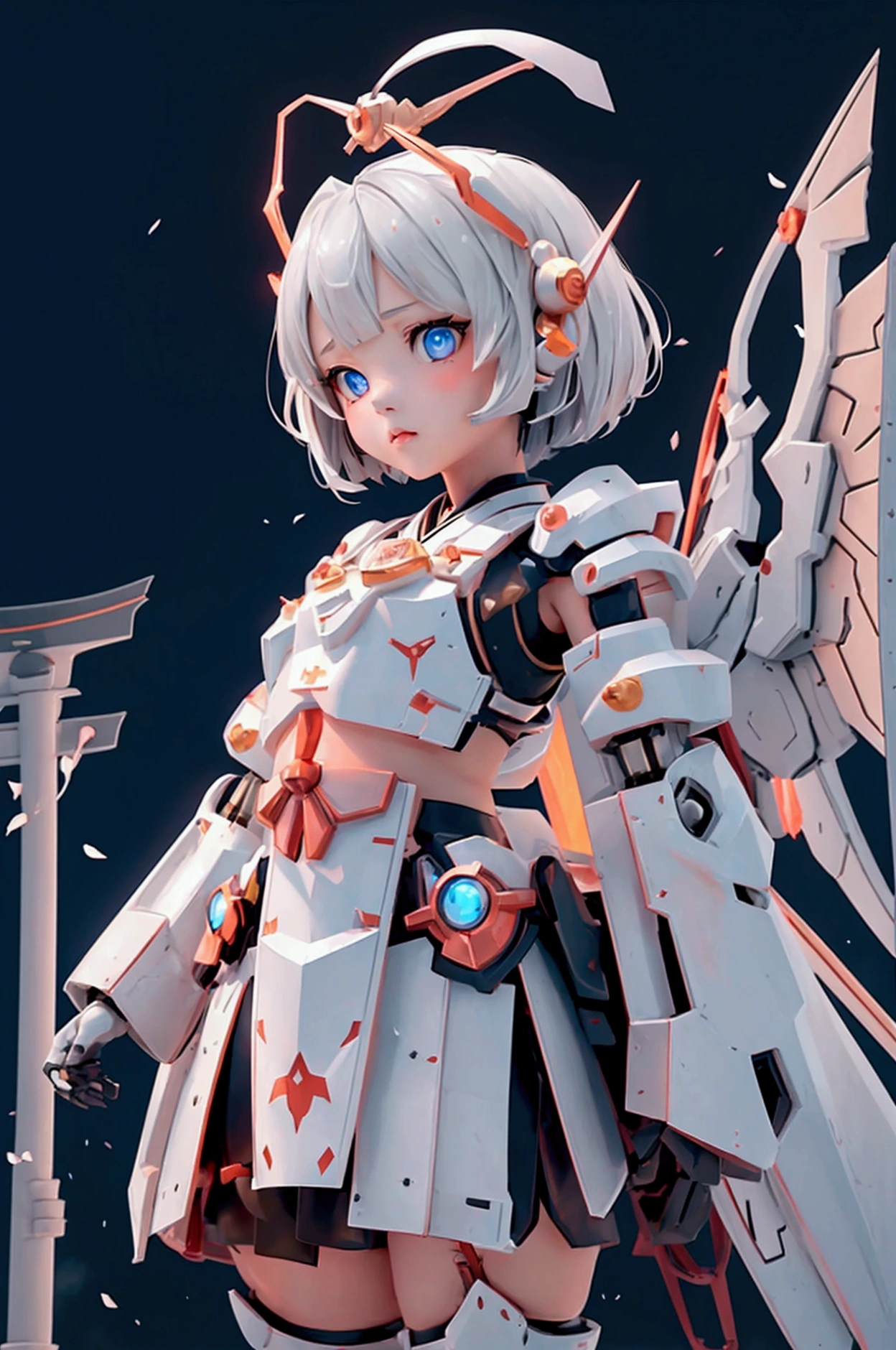 {(Japanese young girl)}, (She is fused with a Gundam mecha from the future.:1.1), White Theme, With headgear, With V fin , ((Unarmored tear)), ((Unarmored stomach)), ((Unarmored upper arm)), ((Unarmored face)), (Unarmored hand), (Non-armored waist), ((Unarmored thigh)), (Unarmored ankle), Japanese wearing a white Miko-style Hakama,   whole body:1.5, ((Shrine torii gate background)), Multi-layer texture perfect ratio, Octane Rendering, Duotone Lighting, Low ISO, wide aperture, White balance, Three-part method, Ultra HD 16k, High resolution (High Dynamic Range), Ray Tracing, NVIDIA, Super Resolution, Scattered beneath the surface, PBR Texturing, Post-processing, Anisotropic Filtering, Depth of written boundary, Maximum clarity and sharpness, Highly efficient subpixels, Subpixel Convolution, Particles of light, Scattered Light, Tyndall effect, whole body:1.5, dorsal position, cute, (cute:1.2), (Bobcut:1.3),Cat ear, Silver Hair, Light-colored irises, Shining blue eyes, Long eyelashes, Small, light-colored, natural lips, (The average face of the Japan idol), Small jaw, Visible side boob, (Mechanical Wings), Have a weapon,巨大なHave a weapon, Has a very large shield, , Asymmetrical body,View your viewers,Focus on the eyes,Sleek and intimidating design, (Four perfect fingers, One thumb)