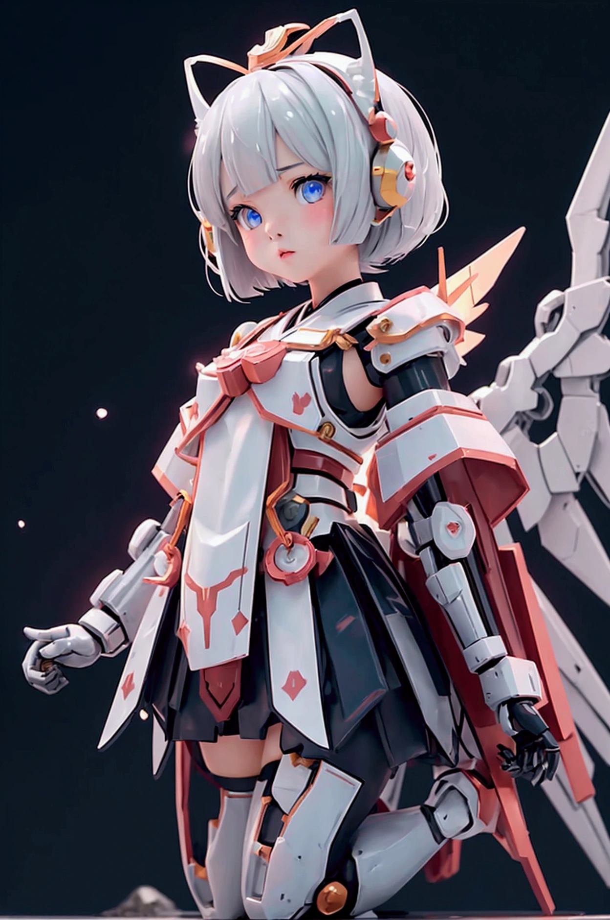 {(Japanese young girl)}, (She is fused with a Gundam mecha from the future.:1.1), White Theme, With headgear, With V fin , ((Unarmored tear)), ((Unarmored stomach)), ((Unarmored upper arm)), ((Unarmored face)), (Unarmored hand), (Non-armored waist), ((Unarmored thigh)), (Unarmored ankle), Japanese wearing a white Miko-style Hakama,   whole body:1.5, ((Shrine torii gate background)), Multi-layer texture perfect ratio, Octane Rendering, Duotone Lighting, Low ISO, wide aperture, White balance, Three-part method, Ultra HD 16k, High resolution (High Dynamic Range), Ray Tracing, NVIDIA, Super Resolution, Scattered beneath the surface, PBR Texturing, Post-processing, Anisotropic Filtering, Depth of written boundary, Maximum clarity and sharpness, Highly efficient subpixels, Subpixel Convolution, Particles of light, Scattered Light, Tyndall effect, whole body:1.5, dorsal position, cute, (cute:1.2), (Bobcut:1.3),Cat ear, Silver Hair, Light-colored irises, Shining blue eyes, Long eyelashes, Small, light-colored, natural lips, (The average face of the Japan idol), Small jaw, Visible side boob, (Mechanical Wings), Have a weapon,巨大なHave a weapon, Has a very large shield, , Asymmetrical body,View your viewers,Focus on the eyes,Sleek and intimidating design, (Four perfect fingers, One thumb)