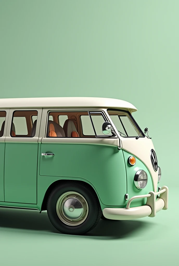 Modern van with pastel green and white color that evokes nostalgia, launching in 2025, front engine with a longer front, with cozy interior, leather seats, most modern tires, modern control panel