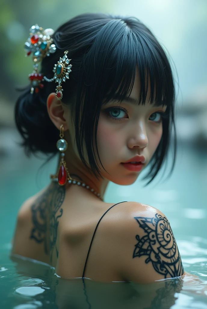 (best quality,mackerel:1.2), (realistic:1.4),low angle portrait, seen from behind, Yakuza girl soaking in hot springs in the lost city,look at the viewer,detailed face,Beautiful, detailed, gray-blue eyes,beautiful and delicate lips,a charming smile,The eyebrows are well-groomed.,long eyelashes, Soft skin and perfect pretty face, clean skin ,Natural blusher,Slim body posture, exposed shoulders,Intricate, detailed and vivid irezumi tattoo on the back,Elegant and intricate jewelry,Delicate necklace and earrings,Traditional hair accessories,short hair with bangs,Shining gemstones,Soft and flawless makeup,Soft and natural lighting,Subtle shadows on the face,Bright and vibrant colors,realistic rendering, photon mapping, Foggy and dramatic atmosphere