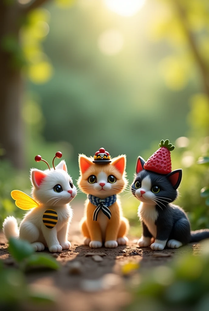 3 clay kittens, one dressed as a bee that is white, the second dressed as a pirate and the last one with a strawberry cone but the cat is black and white, that they are a little bit separated and look fancy