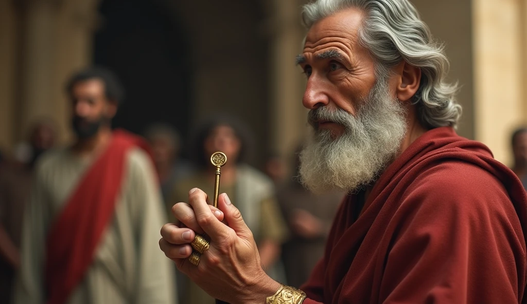 In an eye-catching YouTube thumbnail, a highly realistic Saint Peter is depicted in the corner with a blurred background that emphasizes his figure. His facial features, showing a blend of strength and humility, convey a sense of authoritative calm. Wearing a simple tunic and holding keys in his hand, the saint’s intense gaze and textured details in his attire create a commanding presence. The thumbnail’s focus on his expression and clothing depth invites viewers to explore his pivotal role in Christianity.