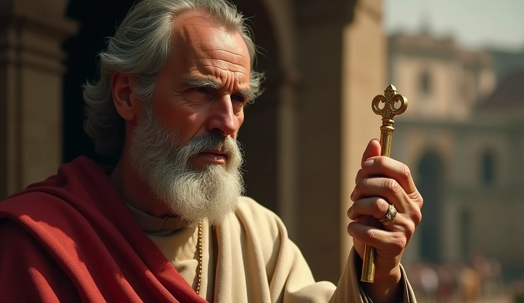 In an eye-catching YouTube thumbnail, a highly realistic Saint Peter is depicted in the corner with a blurred background that emphasizes his figure. His facial features, showing a blend of strength and humility, convey a sense of authoritative calm. Wearing a simple tunic and holding keys in his hand, the saint’s intense gaze and textured details in his attire create a commanding presence. The thumbnail’s focus on his expression and clothing depth invites viewers to explore his pivotal role in Christianity.